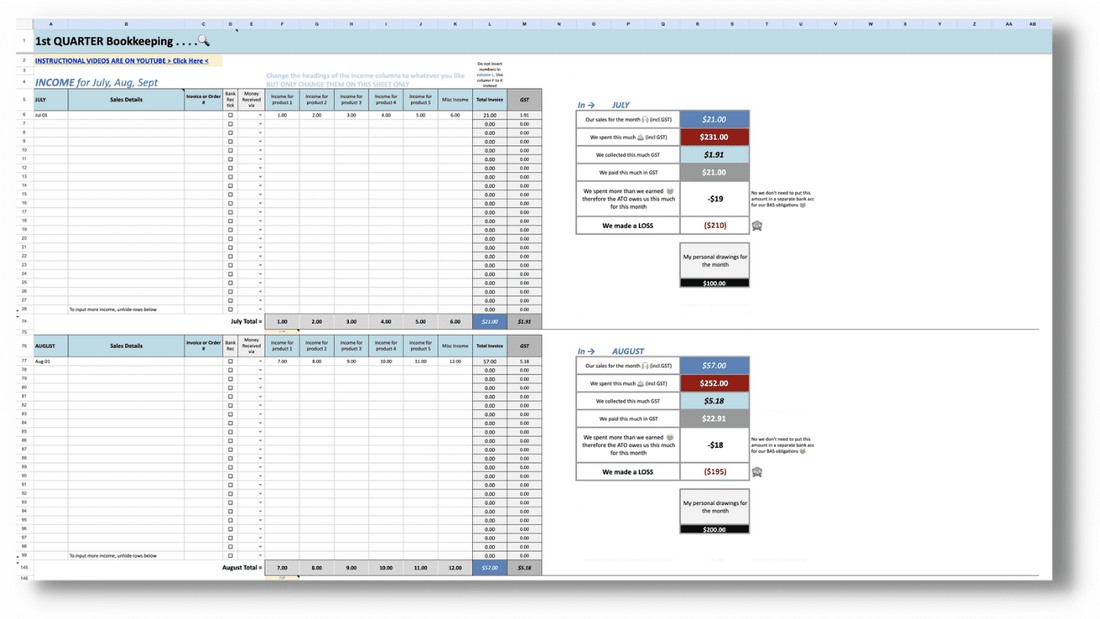 Bookkeeping Spreadsheet example 1